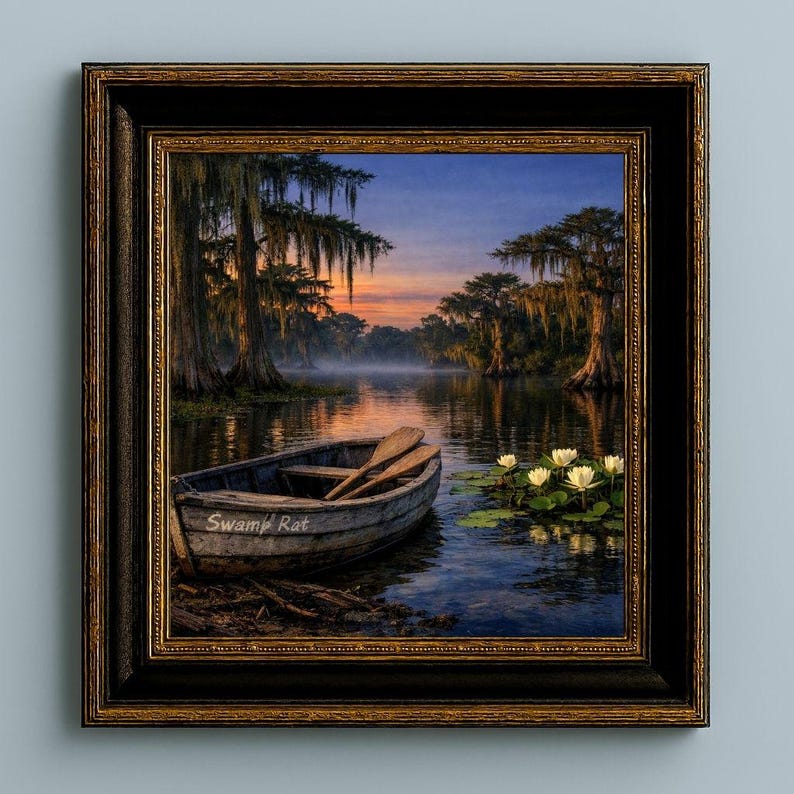 27-036 | Whispers of the Bayou | Louisiana bayou print, Southern Twilight Landscape Art (Digital Download)

A quiet hush settles over the Louisiana bayou as twilight drifts across still water. Mist rises between ancient cypress trees draped in long strands of Spanish moss, their reflections stretching across the glassy surface.
