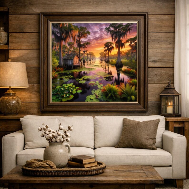 Poster | Louisiana Bayou Sunset Print: Swamp Art, Southern Landscape

This image captures the peaceful beauty of a Louisiana bayou at sunset. The sky is ablaze with rich hues of orange, pink, and purple, reflecting elegantly on the still water below. Towering cypress trees adorned with Spanish moss stand as silent sentinels, their reflections merging with the tranquil surroundings.
