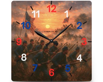 Civil War Soldiers Acrylic Wall Clock | Patriotic Battle Scene, Vintage Sunset