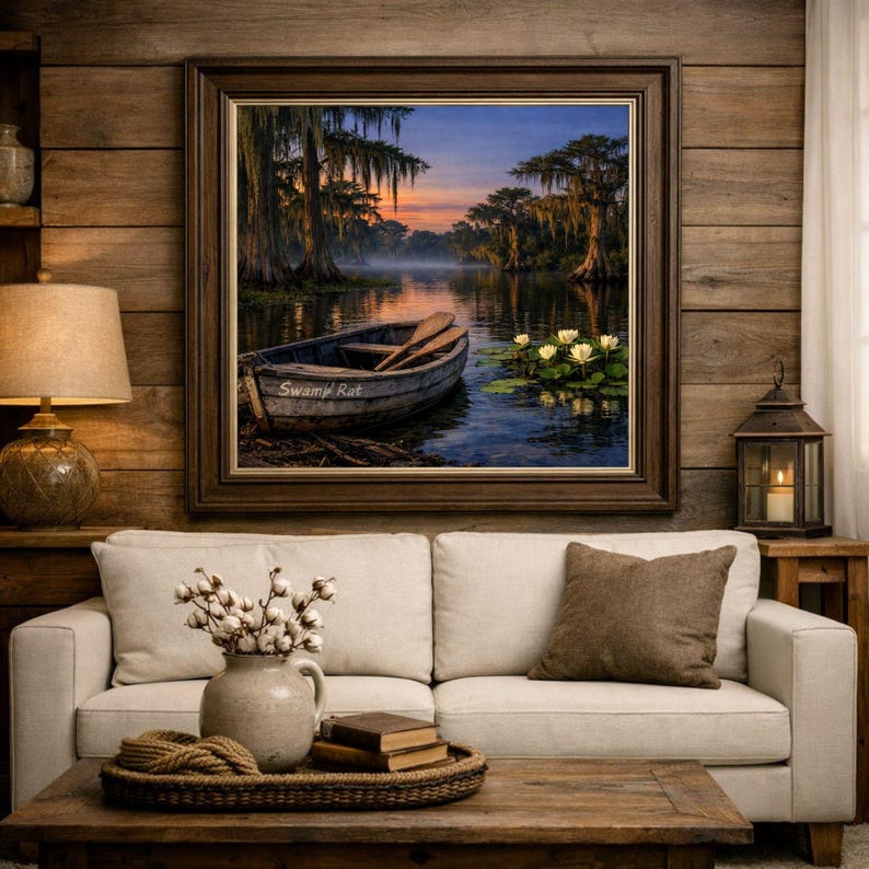 27-036 | Whispers of the Bayou | Louisiana bayou print, Southern Twilight Landscape Art (Digital Download)

A quiet hush settles over the Louisiana bayou as twilight drifts across still water. Mist rises between ancient cypress trees draped in long strands of Spanish moss, their reflections stretching across the glassy surface.