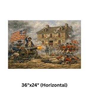 May include: A historical painting showing a battle scene with soldiers in red coats and blue uniforms. An American flag waves in the background, with a cannon firing. The artwork is 91cm x 61cm (Horizontal).