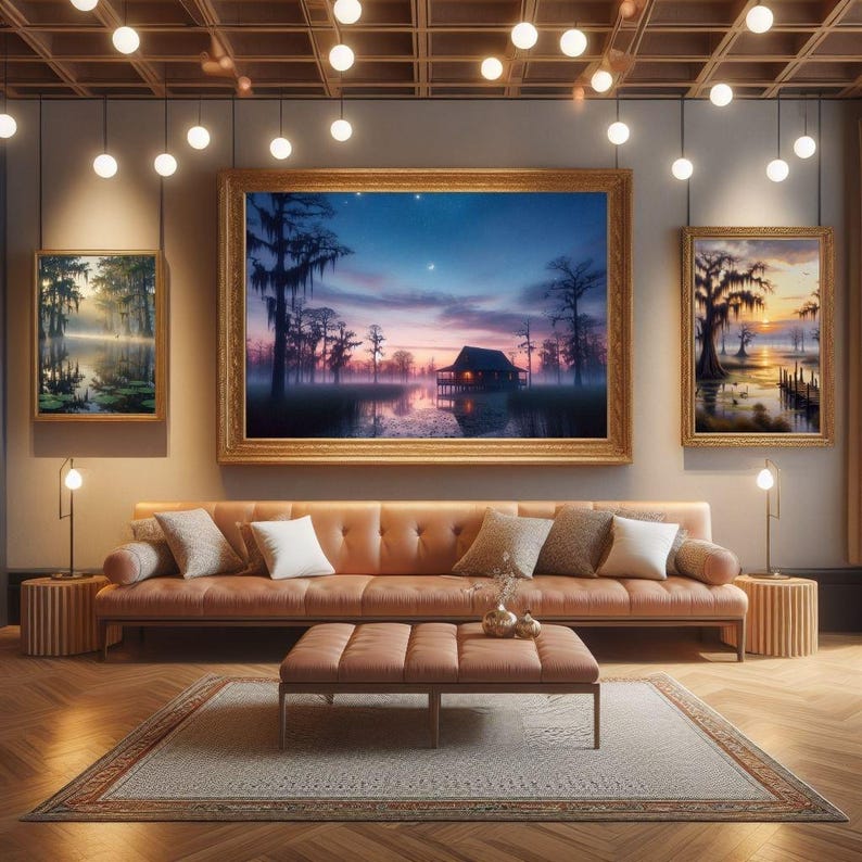 Louisiana Bayou Cabin Art – Mystical Cypress Swamp Twilight Print (Digital Download)