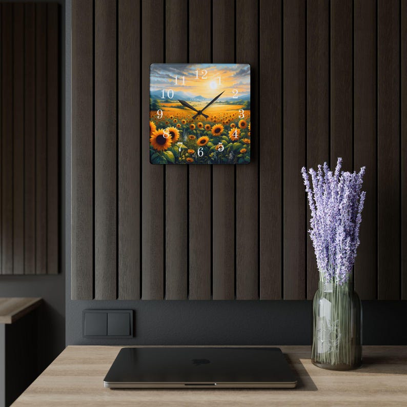 Sunflower Field Acrylic Wall Clock | Sunrise Landscape Art