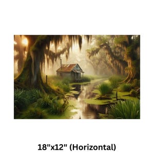 9-0128 | Louisiana Art | Southern Paradise - Rustic Louisiana Bayou Hideaway, Backwoods Bayou Art | Cajun Country Artwork. Poster printed on Museum-grade 300gsm satin paper will be shipped to your chosen address within the United States.

Bring the mysterious beauty of the Southern bayou into your home with this atmospheric art print featuring a rustic wooden cabin nestled in a misty swamp. Spanish moss drapes from ancient cypress trees as golden sunlight filters through the morning fog