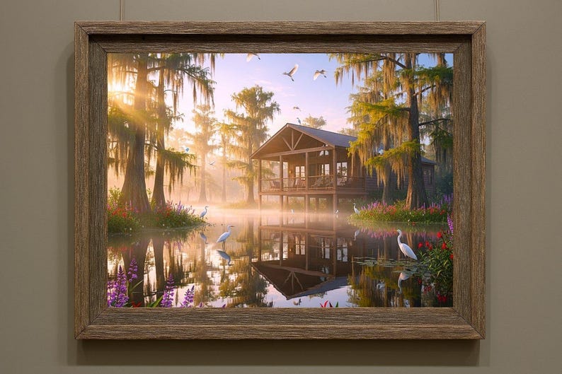 Louisiana Bayou Morning Sunshine Print: Sunrise swamp Landscape Art (Digital Download)