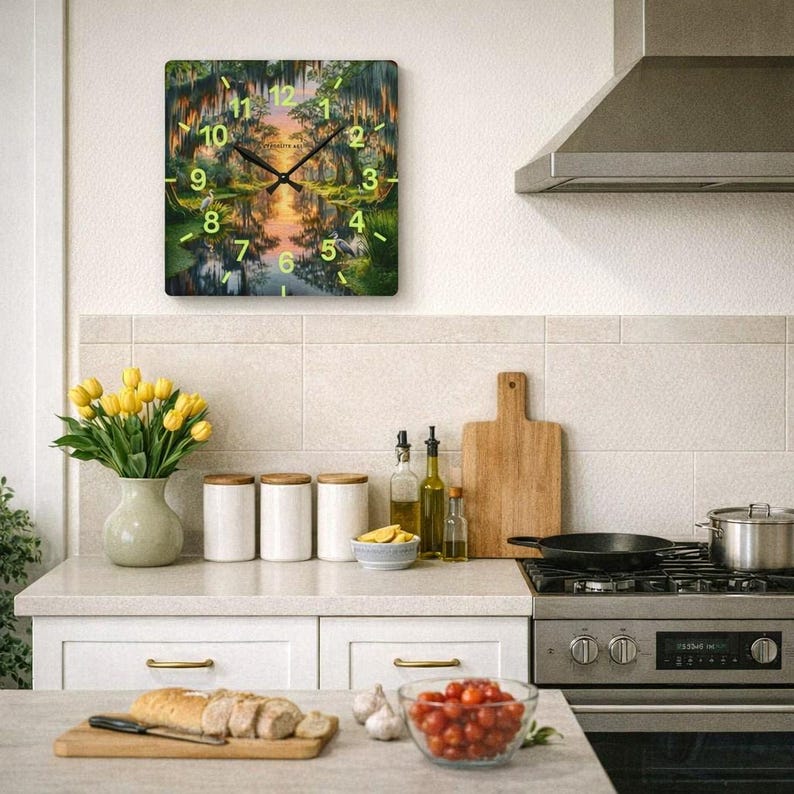 Mossy Bayou Sunset Acrylic Wall Clock | Swamp Herons, Spanish Moss

Floating sunlight slips between cypress trunks as herons stand watch — this acrylic wall clock brings a quiet bayou morning into your room. Lightweight yet sturdy, the glossy print keeps colors rich so the sunrise and moss-draped branches glow against the clock face.