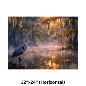 May include: A serene landscape print featuring a great blue heron standing in a misty swamp. The artwork showcases a tranquil scene with a bird, water, and trees, with the text "32"x24" (Horizontal)".