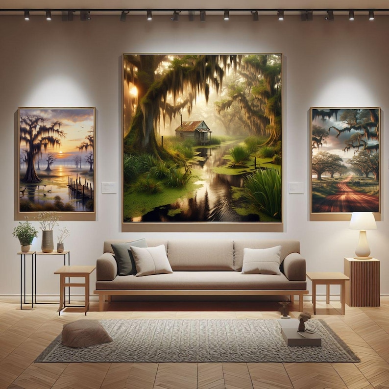 Op de afbeelding: Een woonkamer met een beige bank, een getextureerd vloerkleed en drie ingelijste landschapsschilderijen aan de muur. Het centrale schilderij toont een hut in een moerasbos, terwijl de zijschilderijen een zonsondergang en een zandpad tonen.