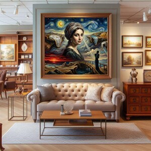 32-006 | Surreal Portrait Wall Art | Dreamlike Landscape with Melting Clocks, Fantasy Ocean Scene, (Digital Download)

Transform your space with this Surreal Wall Art Print, a stunning fusion of Van Gogh’s swirling Starry Night sky, Salvador Dalí’s melting clocks, and the timeless elegance of the Girl with a Pearl Earring.