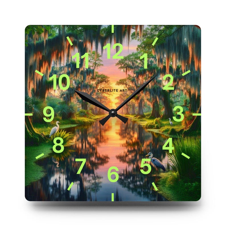 Mossy Bayou Sunset Acrylic Wall Clock | Swamp Herons, Spanish Moss

Floating sunlight slips between cypress trunks as herons stand watch — this acrylic wall clock brings a quiet bayou morning into your room. Lightweight yet sturdy, the glossy print keeps colors rich so the sunrise and moss-draped branches glow against the clock face.