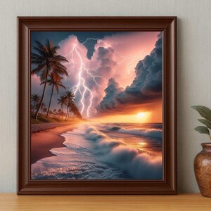 4-078 | Tropical Beach Storm Art Print | Lightning Sunset Ocean Wall Decor | Dramatic Seascape Photography.

Capture the raw beauty of nature with this stunning art print of a tropical beach storm. Vivid lightning bolts slash through towering storm clouds, illuminated by the warm glow of a golden sunset. Gentle waves crash against the shore as palm trees sway along the coast, adding serenity to the drama.