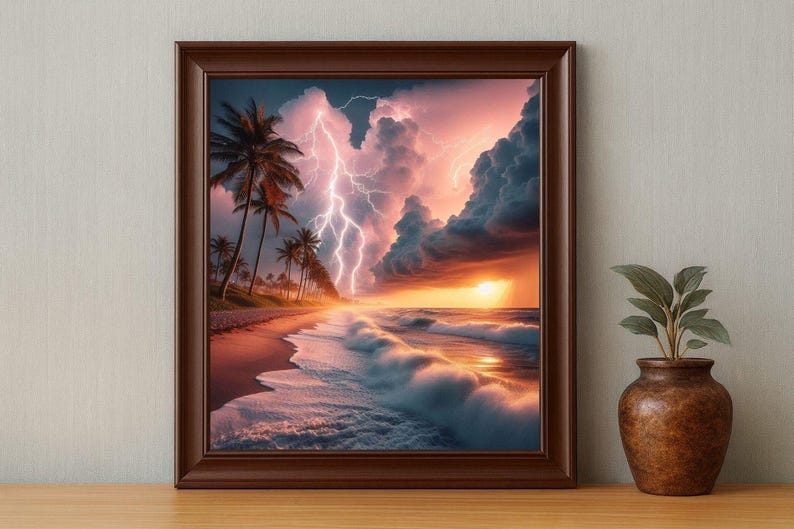 4-078 | Tropical Beach Storm Art Print | Lightning Sunset Ocean Wall Decor | Dramatic Seascape Photography.

Capture the raw beauty of nature with this stunning art print of a tropical beach storm. Vivid lightning bolts slash through towering storm clouds, illuminated by the warm glow of a golden sunset. Gentle waves crash against the shore as palm trees sway along the coast, adding serenity to the drama.