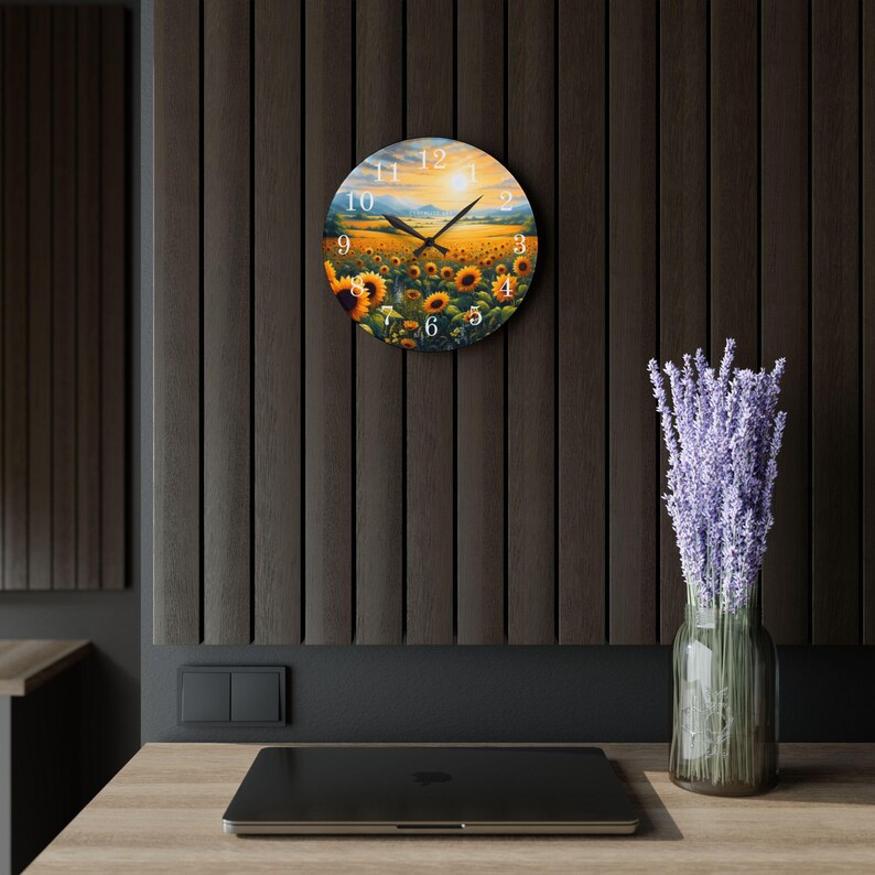 Sunflower Field Acrylic Wall Clock | Sunrise Landscape Art