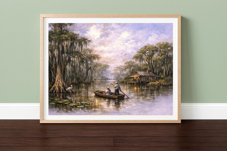 27-029 | Step into the peaceful heart of Louisiana with this tranquil swamp scene. “Life on the Swamp” captures the timeless beauty of a misty bayou at dusk, where a local couple glides quietly through the water in their wooden pirogue.