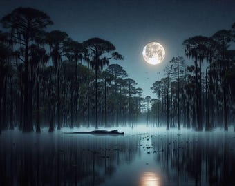 Moonlit Bayou Alligator Druck: Louisiana Swamp Photography (Digitaler Download)