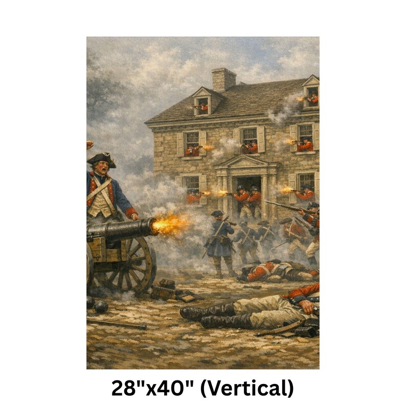 May include: A vertical print showing a historical battle scene. A cannon fires, soldiers in blue and red uniforms are fighting near a stone building. The print measures 71cm x 102cm.