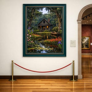 27-030 | Louisiana Bayou Art - Rustic Cabin Wall Print, Springtime on the bayou, (Digital Download). Step into the quiet beauty of a Louisiana spring morning with this richly detailed bayou art print. A rustic wooden cabin rests beside a calm pond surrounded by blooming hibiscus, lily pads, and moss-draped cypress trees.