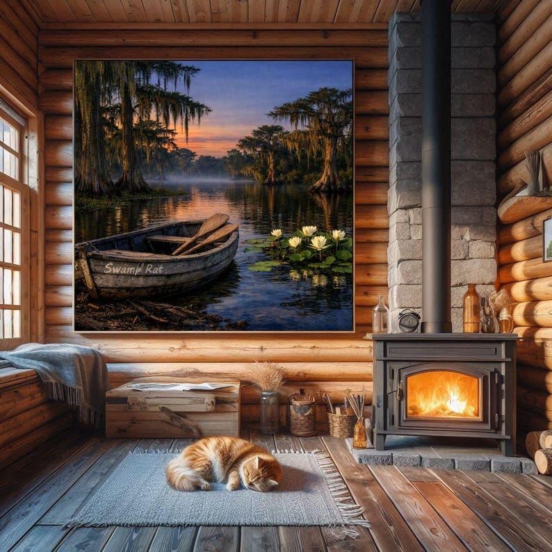 27-036 | Whispers of the Bayou | Louisiana bayou print, Southern Twilight Landscape Art (Digital Download)

A quiet hush settles over the Louisiana bayou as twilight drifts across still water. Mist rises between ancient cypress trees draped in long strands of Spanish moss, their reflections stretching across the glassy surface.