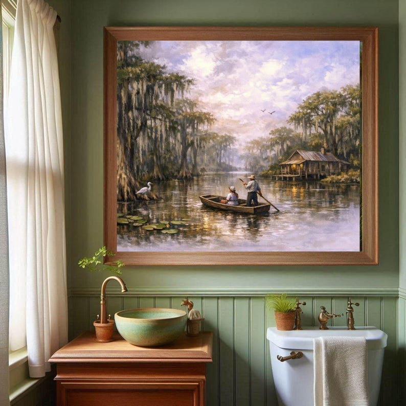 27-029 | Step into the peaceful heart of Louisiana with this tranquil swamp scene. “Life on the Swamp” captures the timeless beauty of a misty bayou at dusk, where a local couple glides quietly through the water in their wooden pirogue.