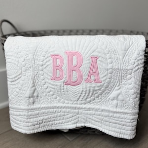 Custom Embroidered Baby Blanket: White Heirloom Quilt, Nursery Decor