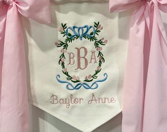 Elegant Monogram Baby Banner for BABY GIRL | Embroidered Birth Announcement | Hospital Door Sign | Welcome Banner