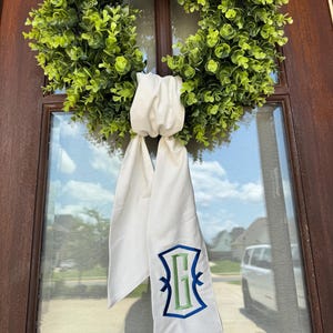 Initial Embroidered White Wreath Sash with Monogram Seal Perfect for a wedding gift or a housewarming!
