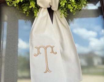 Custom Embroidered White Wreath Sash with Monogram - Perfect for a wedding gift or a housewarming!