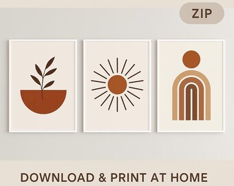 May include: A set of three framed Boho abstract wall art prints. The designs are minimalist, featuring a plant, a sunburst, and an abstract arch in brown and beige tones. The text reads "Download & printable at home". The set includes 3 printable PNG files.