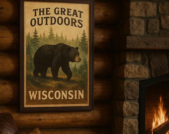 Impressão de urso de Wisconsin, download digital, arte vintage para áreas externas, decoração rústica para casa e cabana