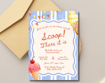 Plantilla editable de invitación de cumpleaños con helado (12,7 x 18,8 cm), plantilla de Canva.
