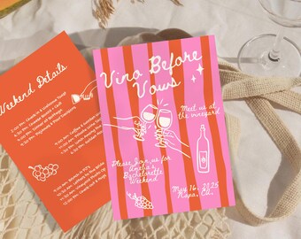 Plantilla de invitación e itinerario para despedida de soltera "Vino antes de los votos", plantilla editable de Canva de 5x7, dibujada a mano, despedida de soltera en un viñedo