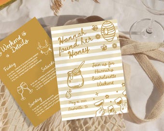 Plantilla de invitación e itinerario para despedida de soltera "She Found Her Honey", plantilla editable de Canva de 5x7, dibujada a mano, despedida de soltera de novia a abeja.