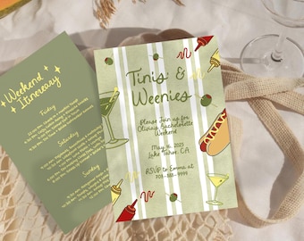 Tinis and Weenies Bachelorette Invitation & Itinerary Template, Editable Canva Template, Hand Drawn, Weenies and Tinis Bachelorette Party