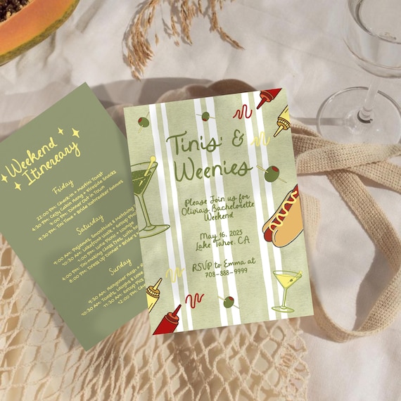 Tinis and Weenies Bachelorette Invitation & Itinerary Template, Editable Canva Template, Hand Drawn, Weenies and Tinis Bachelorette Party