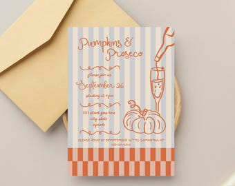 Plantilla editable de invitación de calabaza y prosecco, 13x18 cm, para fiesta de otoño, diseño ondulado dibujado a mano, estética otoñal, plantilla de Canva