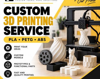 May include: A custom 3D printing service advertisement featuring a black 3D printer and various white and black plastic objects including a spiral vase, a geometric fox, a gear, and cylindrical parts. Text includes STIKONE SHOP and GET A QUOTE.