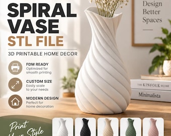 May include: A white spiral vase with a flared rim, designed as a 3D printable STL file. The image includes text such as SPIRAL VASE STL FILE, DIGITAL DOWNLOAD, and 3D PRINTABLE HOME DECOR, alongside a row of five small vases in white, black, tan, green, and pink.