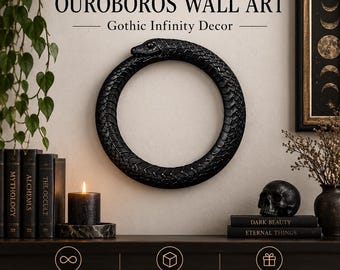 May include: A black circular Ouroboros wall art piece featuring a snake biting its own tail with detailed scales. The text OUROBOROS WALL ART and Gothic Infinity Decor appear above the snake. Below are icons for Symbolic Design, 3D Printed, and Unique Gift.