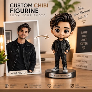 May include: A custom chibi figurine of a person with dark hair and a beard, wearing a black denim jacket, black shirt, black pants, and white sneakers. The figure stands on a black circular base labeled "YOUR CUSTOM FIGURE" next to a photo.