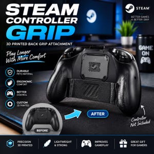 Peut inclure: Un accessoire de poignée arrière imprimé en 3D noir pour une manette Steam. Le dispositif présente une surface texturée et est montré installé à l'arrière d'une manette. Le texte sur l'image inclut STEAM CONTROLLER GRIP, 3D PRINTED BACK GRIP ATTACHMENT, Play Longer With More Comfort, BEFORE, AFTER et Controller Not Included.