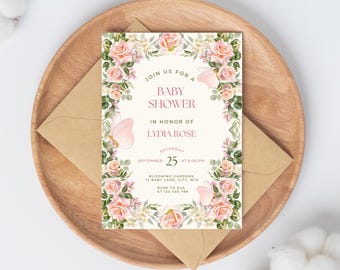 Pink Floral Baby Shower Invitation. Editable Digital + Printable Bundle