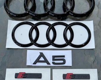 Audi A5 Ringe Emblem 5PC Set Abzeichen für Vorne Hinten Kofferraum Schwarz 2008+
