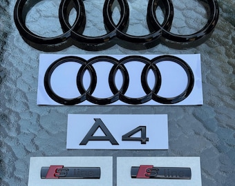 Audi A4 Rings Emblem 5PC Set Badges for Front Rear Trunk Gloss Black 2005+