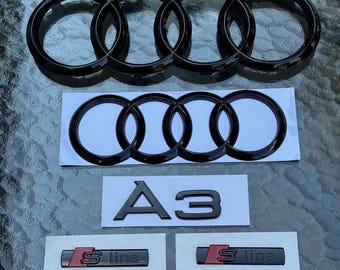 Audi A3 Rings Emblem 5PC Set Badges for Front Rear Trunk Gloss Black 2006+