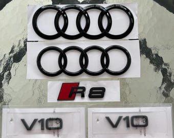 Set di stemmi posteriori con logo AUDI R8, NERO LUCIDO V10, anello per cofano e bagagliaio, 2017-2023