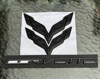 For 2014-2019 Corvette C7 Black Front & Rear + Corvette Set Emblem