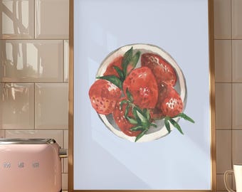 Strawberry Fruit Bakery Art Print: Art Deco, Dining Room Dessert Trendy Girly Apartment Home Dorm Wall Decor For Kitchen (Digital Download)