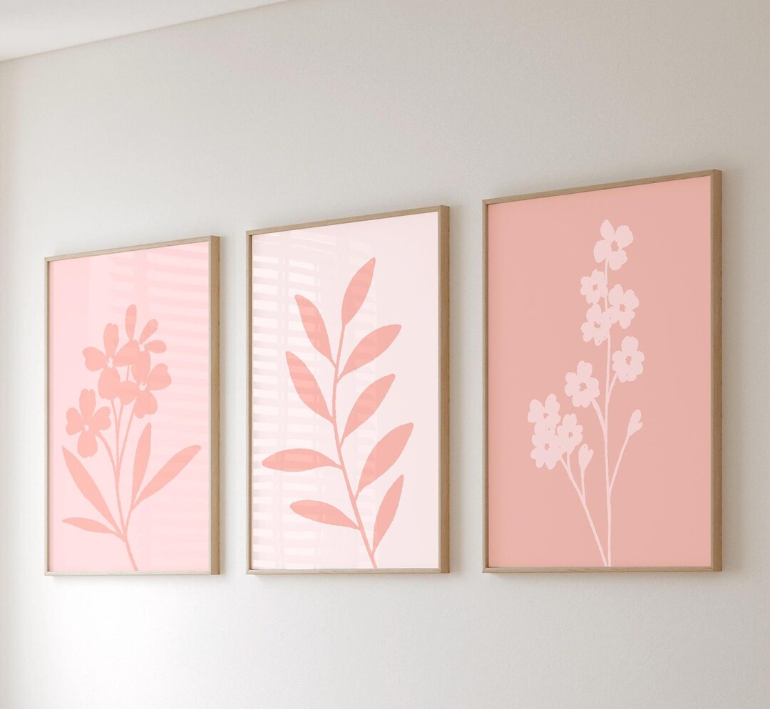 Pink Floral Set of 3 Bundle Digital Art Print Set: Minimalist Botanical ...