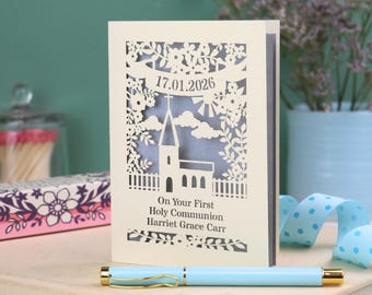 Kartka z okazji Pierwszej Komunii Świętej | Personalizowana kartka kościelna z wycinanką