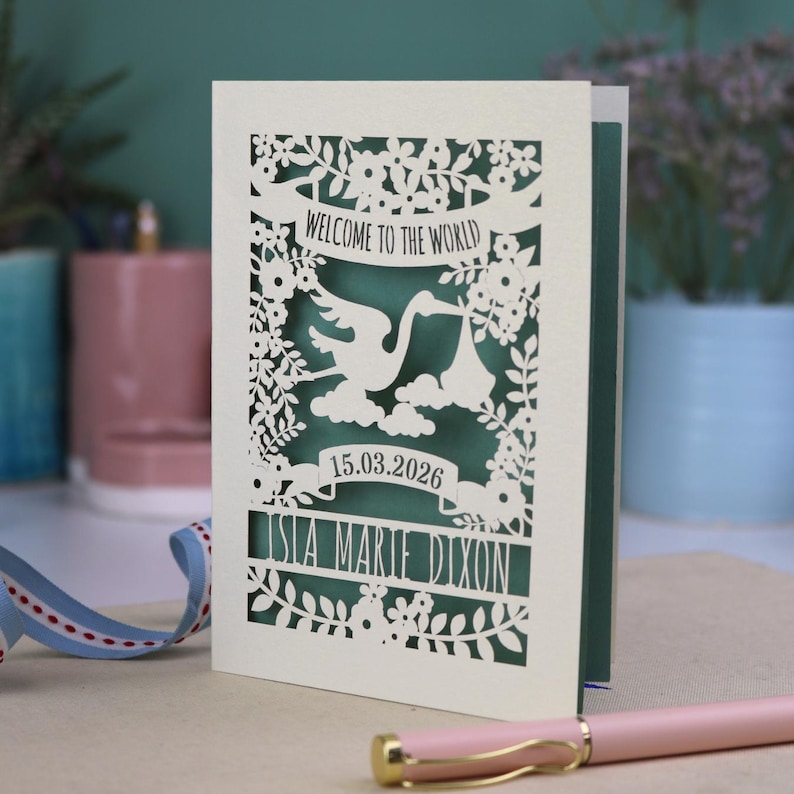 A gorgeous new baby card depicting a stork carrying a bundle surrounded with leaves, flowers and clouds. A banner saying Welcome To The World across the top,  and a second banner below with the baby's date of birth and their name under that. Shown standing on a white desk with stationery items in the fore and background. Its cut from cream cardstock and has a sage insert paper.